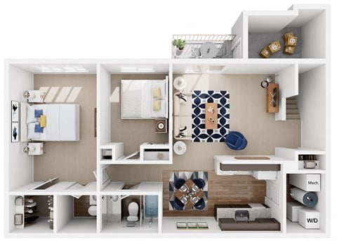 Floor plan for 2 beds, 1.5 baths, 1000 sqft